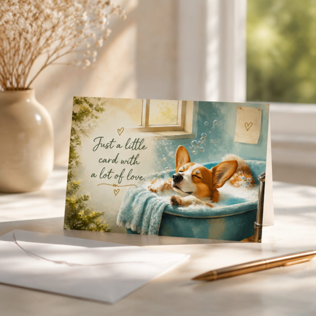 Corgi Greeting Card | Bubble Bath | Just a Little Card with Love | Cute Dog Greeting Card | Thinking of You Card