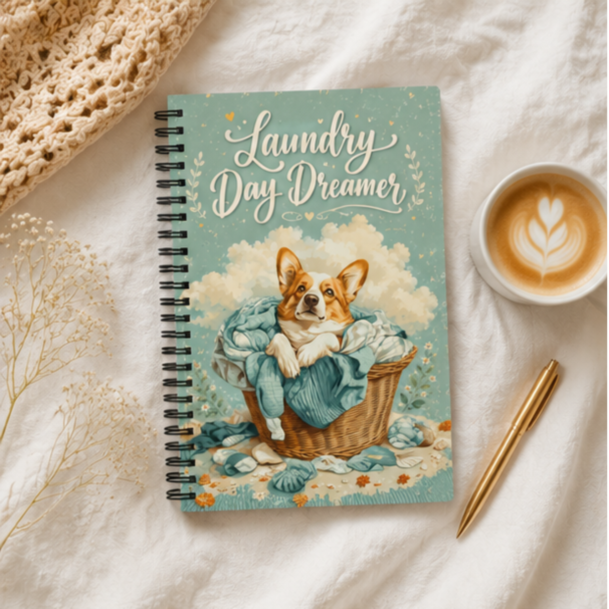 Corgi Spiral Notebook | Laundry Day Dreamer Dotted Journal for Dog Lovers | Cute Corgi Notebook | Stationery Gift