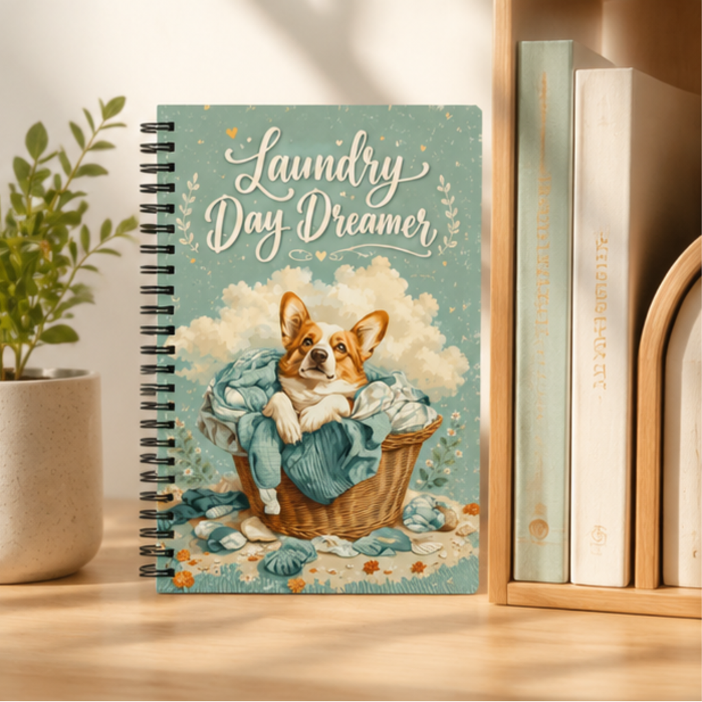 Corgi Spiral Notebook | Laundry Day Dreamer Dotted Journal for Dog Lovers | Cute Corgi Notebook | Stationery Gift