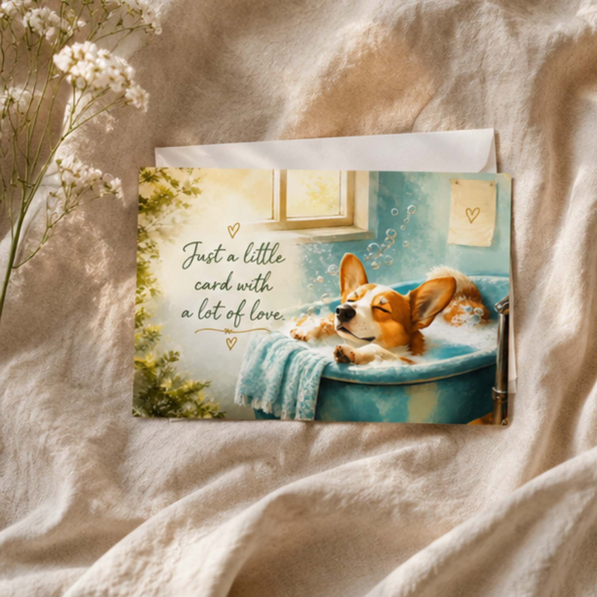 Corgi Greeting Card | Bubble Bath | Just a Little Card with Love | Cute Dog Greeting Card | Thinking of You Card