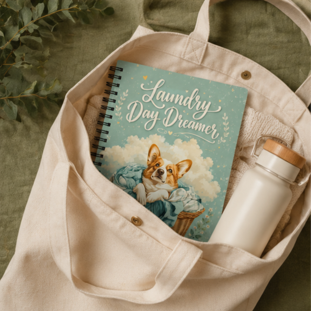 Corgi Spiral Notebook | Laundry Day Dreamer Dotted Journal for Dog Lovers | Cute Corgi Notebook | Stationery Gift