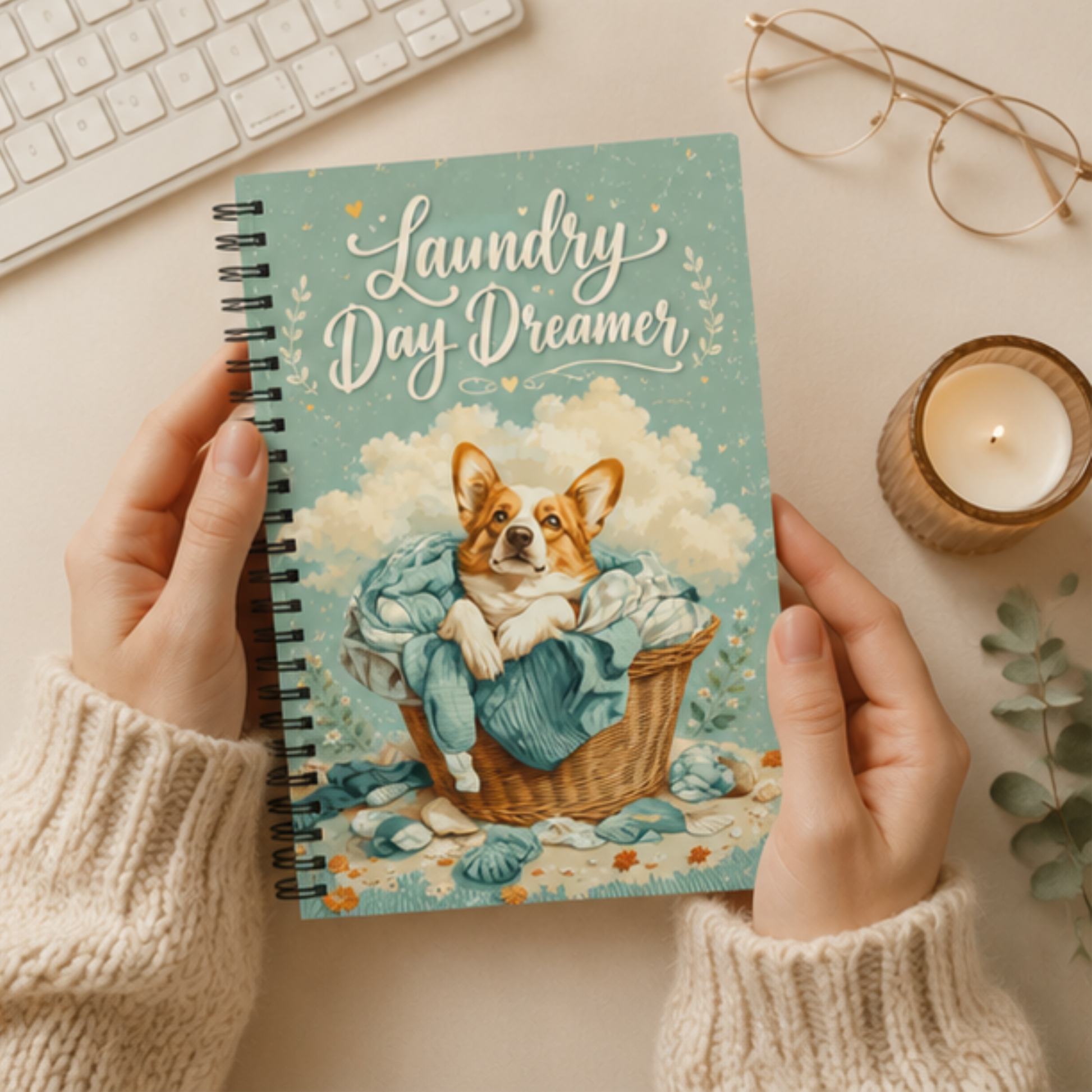 Corgi Spiral Notebook | Laundry Day Dreamer Dotted Journal for Dog Lovers | Cute Corgi Notebook | Stationery Gift