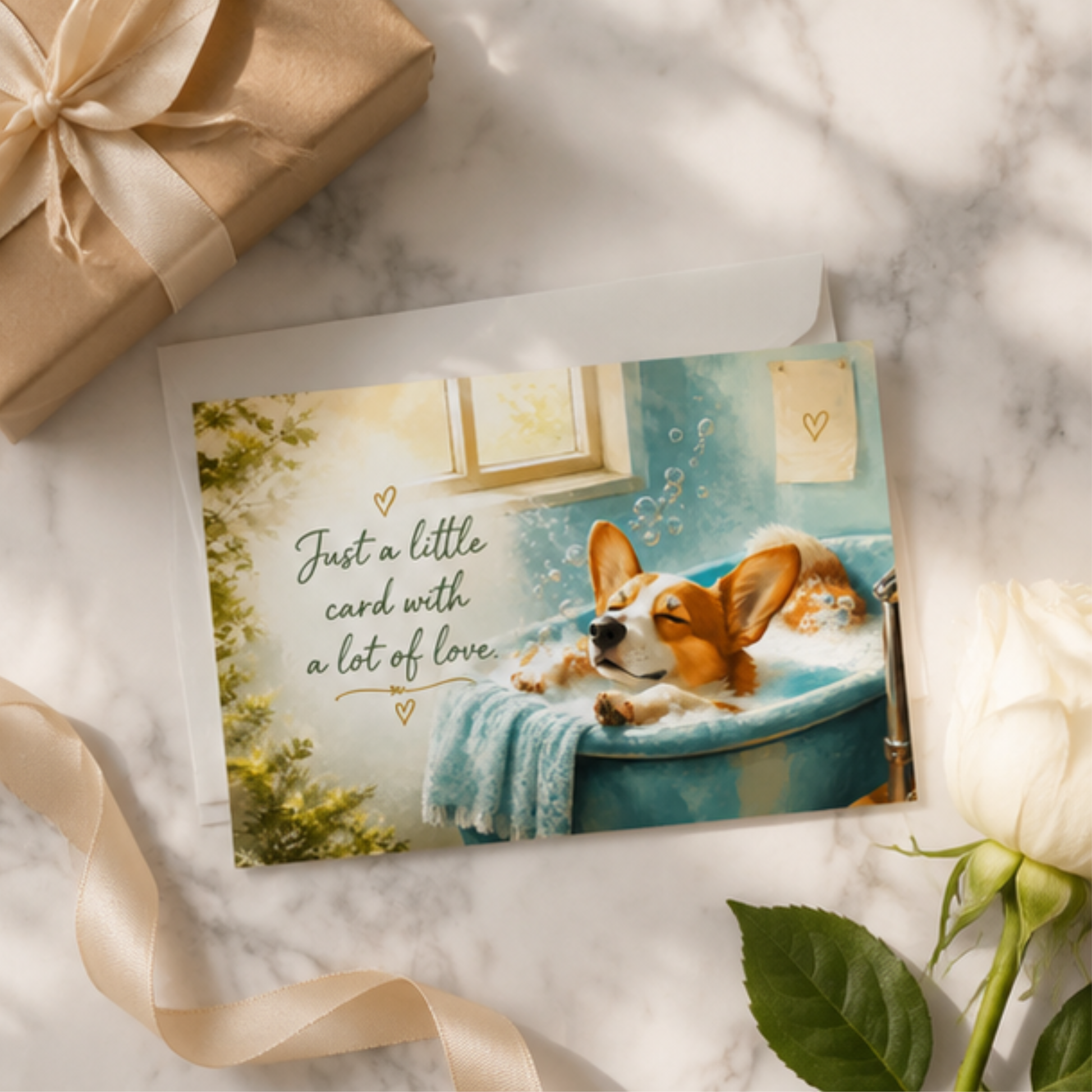 Corgi Greeting Card | Bubble Bath | Just a Little Card with Love | Cute Dog Greeting Card | Thinking of You Card